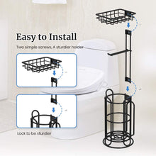 Load image into Gallery viewer, TreeLen Toilet Paper Holder Stand Bathroom Tissue Roll Holders Freestanding with Shelf Storage Large Rolls/Phone/Wipe/Tablet/Magazine-Black