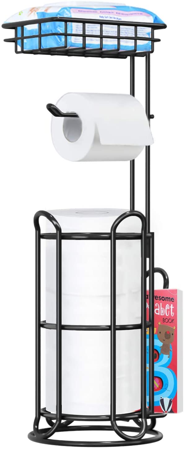 TreeLen Toilet Paper Holder Stand Bathroom Tissue Roll Holders Freestanding with Shelf Storage Large Rolls/Phone/Wipe/Tablet/Magazine-Black