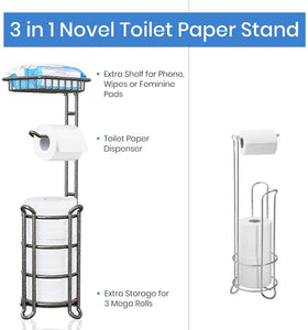 TreeLen Toilet Paper Holder Stand with Shelf Bath Tissue Stand Bathroom Tissue Roll Holder Dispenser Perfect for 4 Mega Rolls, Phone, Wipe, Small Bathroom, RV-Hammered Gray