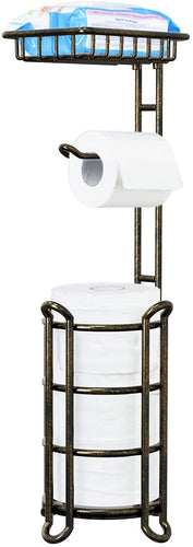 TreeLen Toilet Paper Holder Stand Tissue Paper Roll Dispenser with Shelf for Bathroom Storage Holds Reserve Mega Rolls-Vintage Brass