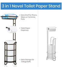 Load image into Gallery viewer, TreeLen Toilet Paper Holder Stand Tissue Paper Roll Dispenser with Shelf for Bathroom Storage Holds Reserve Mega Rolls-Vintage Brass