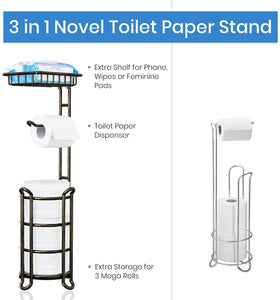 TreeLen Toilet Paper Holder Stand Tissue Paper Roll Dispenser with Shelf for Bathroom Storage Holds Reserve Mega Rolls-Vintage Brass