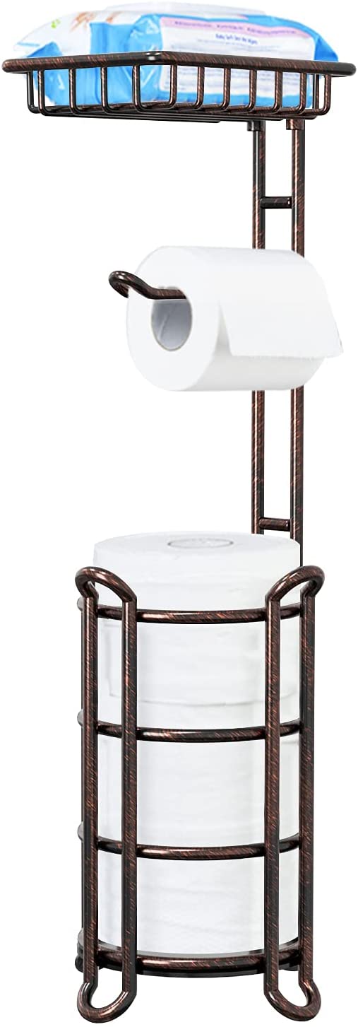 TreeLen Toilet Paper Holder Stand Tissue Holder for Bathroom Floor Standing Toilet Roll Dispenser Storages 4 Reserve Mega Rolls, Phone, Wipes-Vintage Bronze