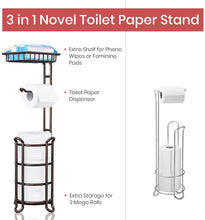 Load image into Gallery viewer, TreeLen Toilet Paper Holder Stand Tissue Holder for Bathroom Floor Standing Toilet Roll Dispenser Storages 4 Reserve Mega Rolls, Phone, Wipes-Vintage Bronze
