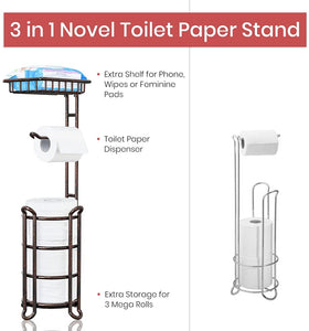 TreeLen Toilet Paper Holder Stand Tissue Holder for Bathroom Floor Standing Toilet Roll Dispenser Storages 4 Reserve Mega Rolls, Phone, Wipes-Vintage Bronze