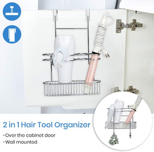 Hair Dryer Holder Organizer Bathroom Styling Tool Appliance Storage Caddy 2 in 1 Wall Mount /Cabinet Door for Hot Curling Iron Straightener Brushes-Chrome
