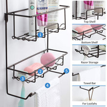Load image into Gallery viewer, Shower Caddy Hanging over Shower Head Rust Roof Shower Organizer with 10 Hooks for Razor Shampoo Holder Bathroom Shower Rack Storage Shelf with Towel Bar – Bronze