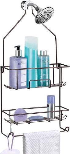 Shower Caddy Hanging over Shower Head Rust Roof Shower Organizer with 10 Hooks for Razor Shampoo Holder Bathroom Shower Rack Storage Shelf with Towel Bar – Bronze