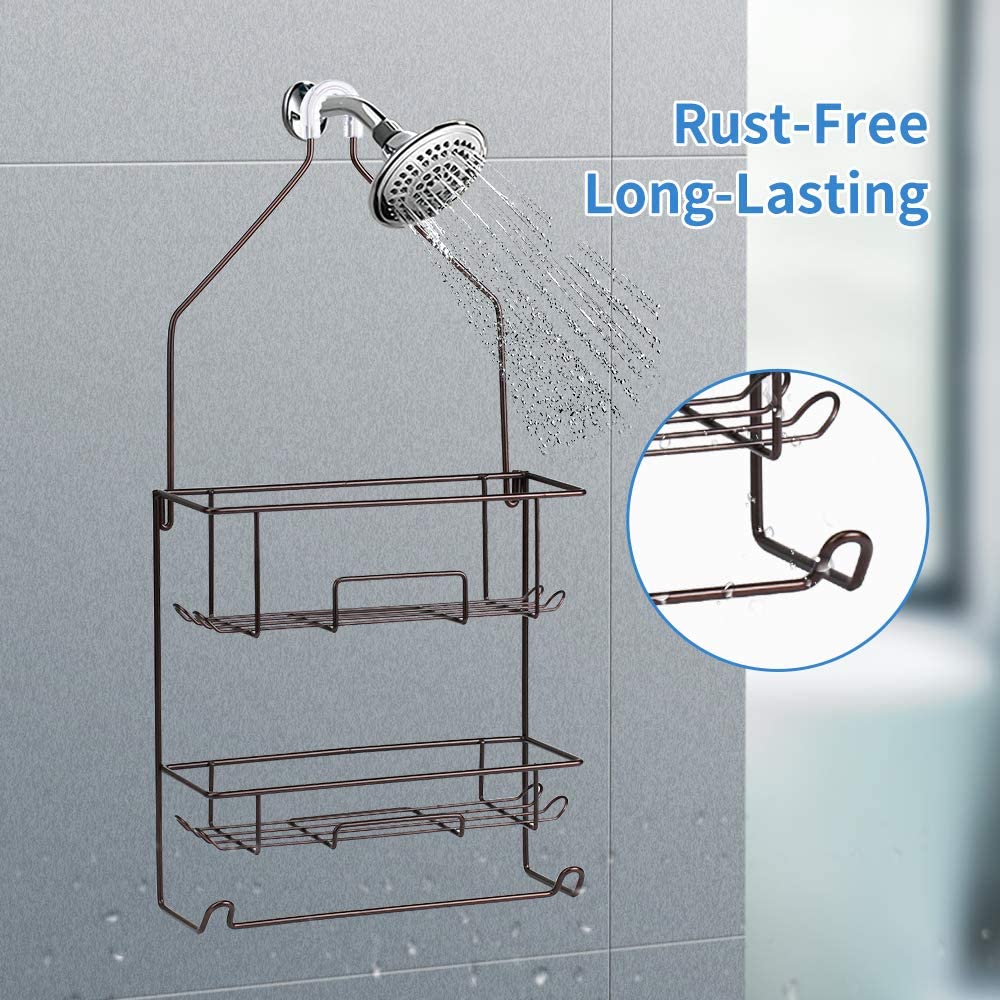 Shower Caddy Hanging over Shower Head Small Rust Roof Shower Organizer with  4 Hooks for Razor Shampoo Holder Bathroom Shower Rack Storage Shelf â€“  Bronze 