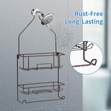 Load image into Gallery viewer, Shower Caddy Hanging over Shower Head Rust Roof Shower Organizer with 10 Hooks for Razor Shampoo Holder Bathroom Shower Rack Storage Shelf with Towel Bar – Bronze