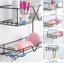 Load image into Gallery viewer, Shower Caddy Hanging over Shower Head Small Rust Roof Shower Organizer with 4 Hooks for Razor Shampoo Holder Bathroom Shower Rack Storage Shelf – Bronze
