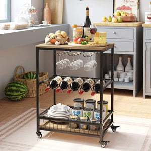 Wine Bar Cart, Simple Modern Beverage Cart with Wine Rack/Glass Holder, Rolling Serving Cart with Lockable Wheels for Home Kitchen, Wood and Metal Frame, Rustic Brown