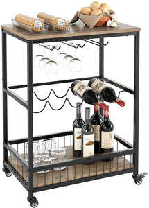 Wine Bar Cart, Simple Modern Beverage Cart with Wine Rack/Glass Holder, Rolling Serving Cart with Lockable Wheels for Home Kitchen, Wood and Metal Frame, Rustic Brown