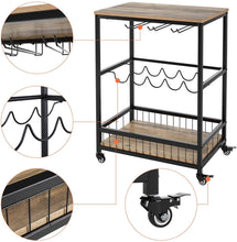 Load image into Gallery viewer, Wine Bar Cart, Simple Modern Beverage Cart with Wine Rack/Glass Holder, Rolling Serving Cart with Lockable Wheels for Home Kitchen, Wood and Metal Frame, Rustic Brown
