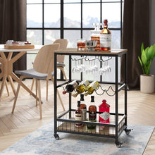 Load image into Gallery viewer, Wine Bar Cart, Simple Modern Beverage Cart with Wine Rack/Glass Holder, Rolling Serving Cart with Lockable Wheels for Home Kitchen, Wood and Metal Frame, Rustic Brown