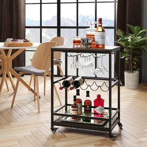Bar Carts for Home, Mobile Wine Cart on Wheels, Wine Rack Table with Glass Holder, Utility Kitchen Serving Cart with Storage, Wood and Metal Frame,Dark Brown