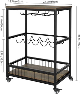 Bar Carts for Home, Mobile Wine Cart on Wheels, Wine Rack Table with Glass Holder, Utility Kitchen Serving Cart with Storage, Wood and Metal Frame,Dark Brown