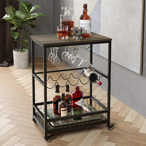 Bar Carts for Home, Mobile Wine Cart on Wheels, Wine Rack Table with Glass Holder, Utility Kitchen Serving Cart with Storage, Wood and Metal Frame,Dark Brown
