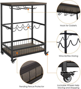 Bar Carts for Home, Mobile Wine Cart on Wheels, Wine Rack Table with Glass Holder, Utility Kitchen Serving Cart with Storage, Wood and Metal Frame,Dark Brown