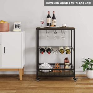 Bar Carts for Home, Mobile Wine Cart on Wheels, Wine Rack Table with Glass Holder, Utility Kitchen Serving Cart with Storage, Wood and Metal Frame,Dark Brown