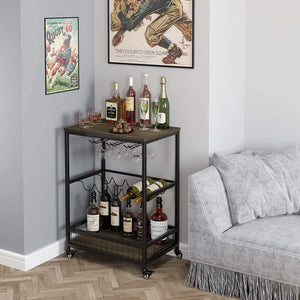 Bar Carts for Home, Mobile Wine Cart on Wheels, Wine Rack Table with Glass Holder, Utility Kitchen Serving Cart with Storage, Wood and Metal Frame,Dark Brown
