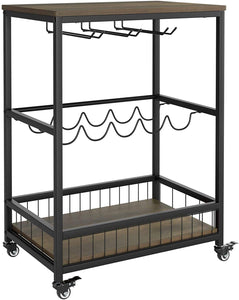 Bar Carts for Home, Mobile Wine Cart on Wheels, Wine Rack Table with Glass Holder, Utility Kitchen Serving Cart with Storage, Wood and Metal Frame,Dark Brown