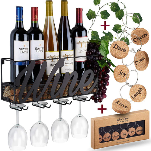 Wall Mounted Wine Rack - Bottle & Glass Holder - Cork Storage - Store Red, White, Champagne - Comes with 6 Cork Wine Charms - Home & Kitchen Décor - Designed by Anna Stay