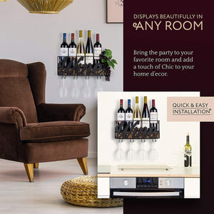 Wall Mounted Wine Rack - Bottle & Glass Holder - Cork Storage - Store Red, White, Champagne - Comes with 6 Cork Wine Charms - Home & Kitchen Décor - Designed by Anna Stay