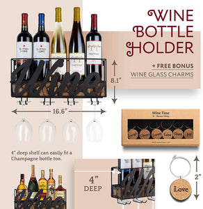 Wall Mounted Wine Rack - Bottle & Glass Holder - Cork Storage - Store Red, White, Champagne - Comes with 6 Cork Wine Charms - Home & Kitchen Décor - Designed by Anna Stay