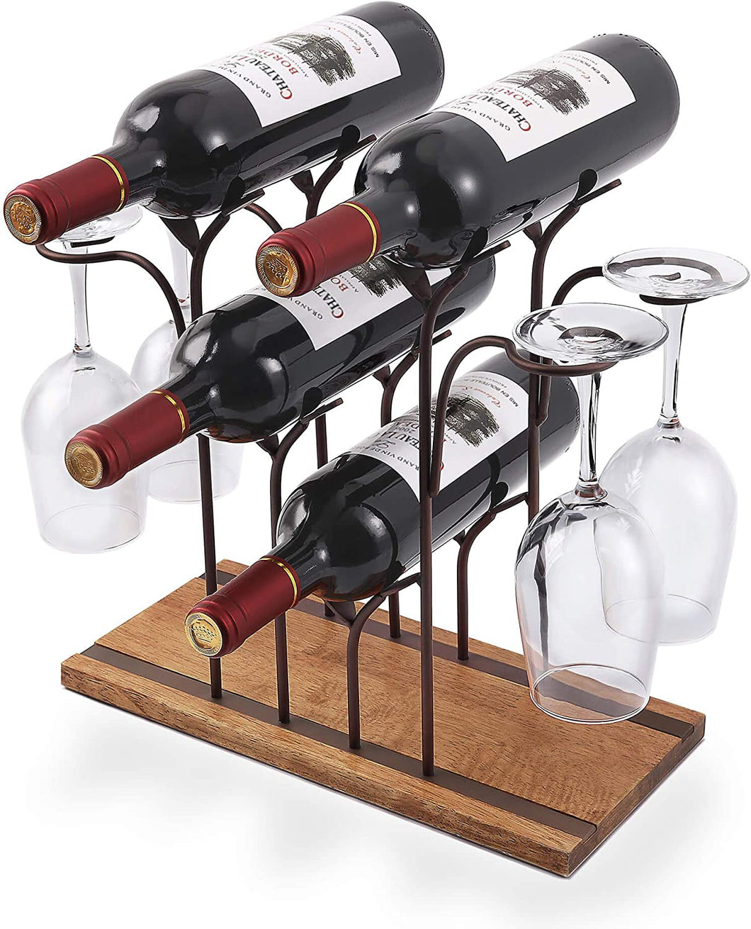 Tabletop Wood Wine Holder, Countertop Wine Rack, Hold 4 Wine Bottles and 4 Glasses, Perfect for Home Decor & Kitchen Storage Rack, Bar, Wine Cellar, Cabinet, Pantry, etc, Wood & Metal (Bronze)