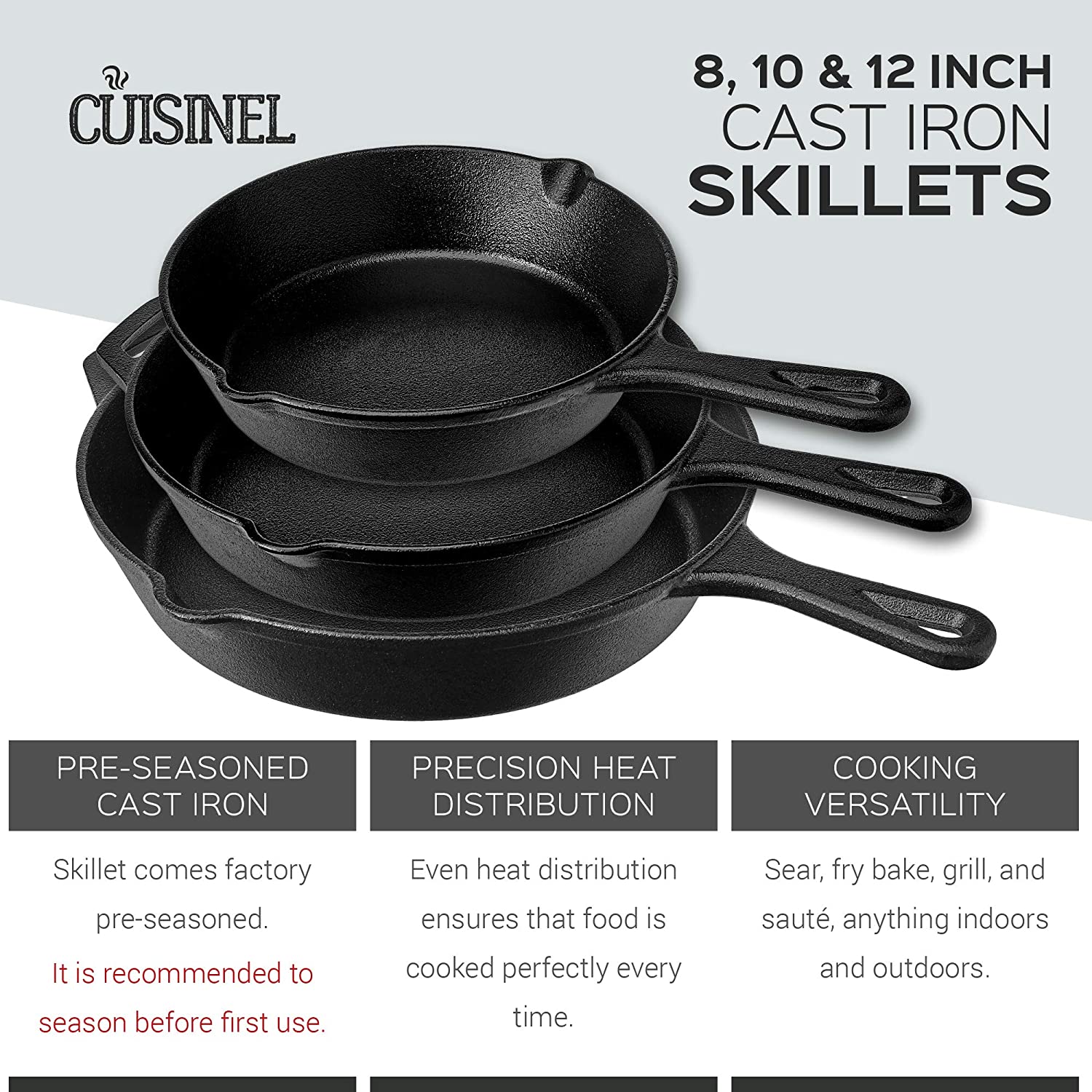 Cuisinel Versatile Pre Seasoned Cast Iron Skillet 3 Multi Sized Cooking Pan Set