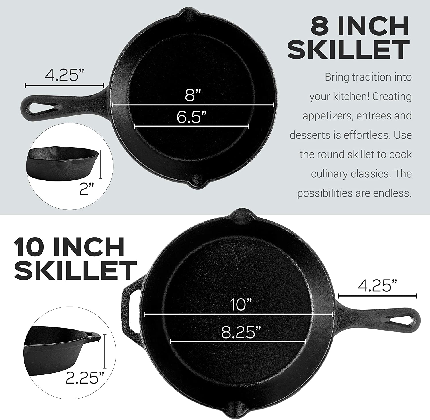 Cast Iron Skillets, ZAZY Non Stick Frying Pans 3 Pack of 8 10 12'', 3 in 1  Oil-locking Pots and Pans Set, Oven Dishwasher Safe Stackable Cookware Set