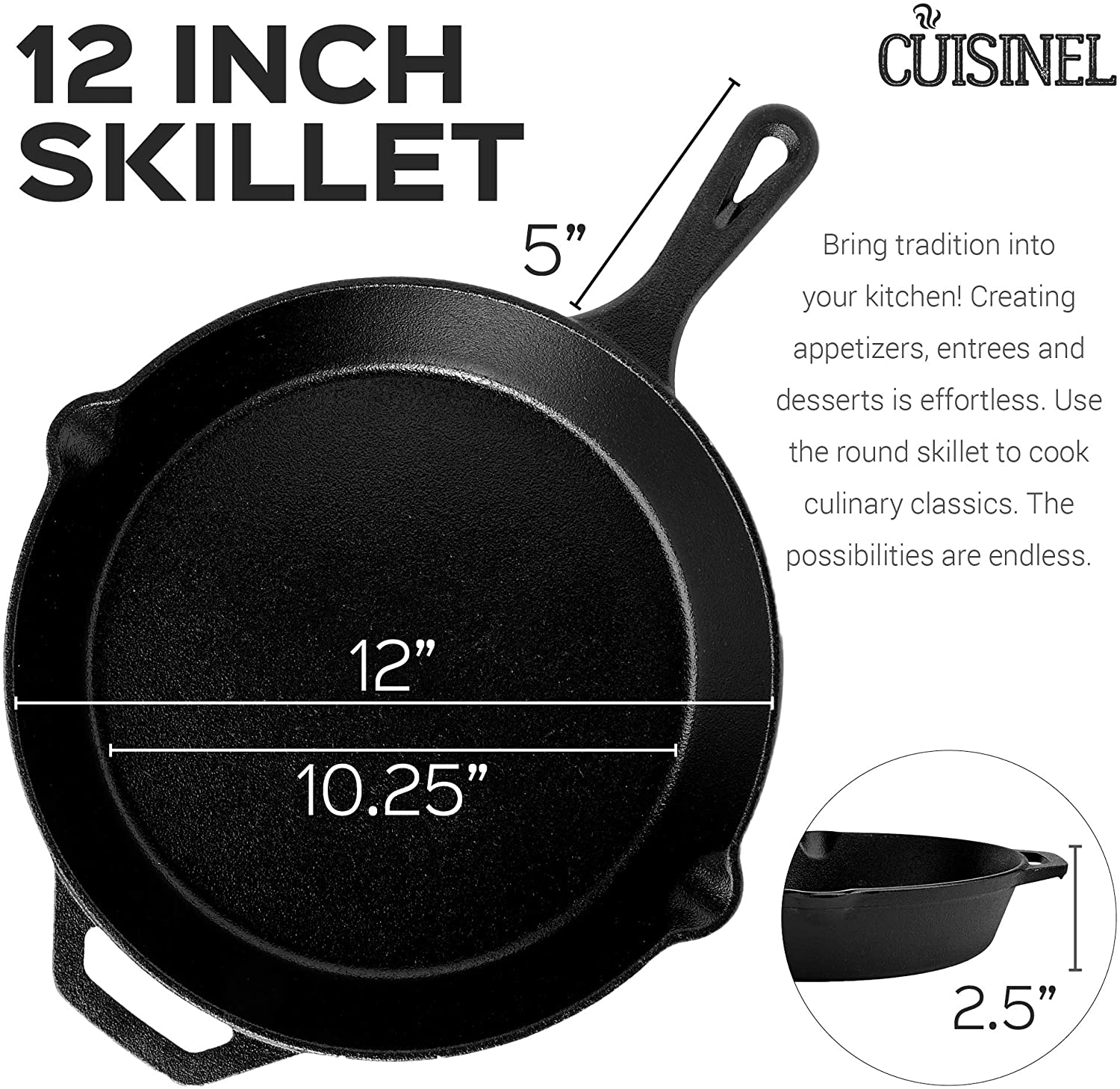 Cuisinel 10 & 12 Inch Pre Seasoned Cast Iron Skillet Cookware Set & Handle  Cover