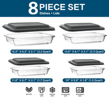 Load image into Gallery viewer, 8-Piece Deep Glass Baking Dish Set with Plastic lids,Rectangular Glass Bakeware Set with BPA Free Lids, Baking Pans for Lasagna, Leftovers, Cooking, Kitchen, Freezer-to-Oven and Dishwasher, Gray