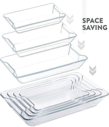 Superior Glass Casserole Dish Set - 4-Piece Rectangular Bakeware Set, Modern Unique Design Glass Baking-Dish Set - Grip Handles for Easy Carry from Hot Oven To Table, Nesting for Space-Saving Storage