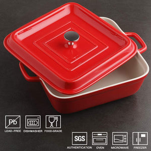 Ceramic Casserole Dish with Lid, 2.5Quart Square Lasagna Pan for Cooking, Dinner, Kitchen, 12.4 x 10.1 x 3.3 Inches (Red)