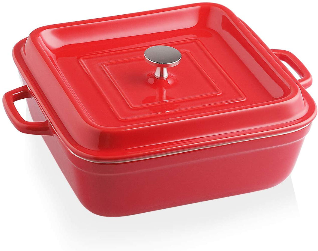 Ceramic Casserole Dish with Lid, 2.5Quart Square Lasagna Pan for Cooking, Dinner, Kitchen, 12.4 x 10.1 x 3.3 Inches (Red)