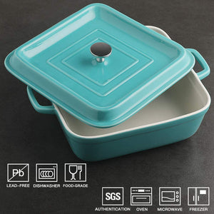 Ceramic Casserole Dish with Lid, 2.5Quart Square Lasagna Pan for Cooking, Dinner, Kitchen, 12.4 x 10.1 x 3.3 Inches (Turquoise)