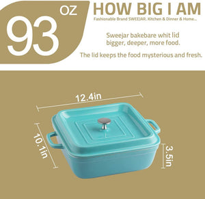 Ceramic Casserole Dish with Lid, 2.5Quart Square Lasagna Pan for Cooking, Dinner, Kitchen, 12.4 x 10.1 x 3.3 Inches (Turquoise)