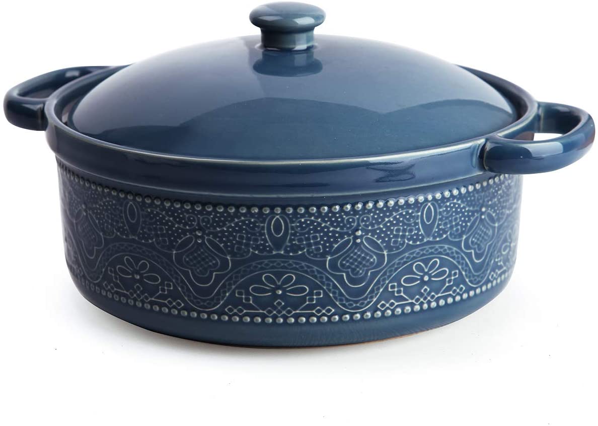 Fe Fun Elements Fe Casserole Dish, 2 Quart Round Ceramic Bakeware with Cover, Lace Emboss Baking Dish for Dinner, Banquet and Party (Blue)