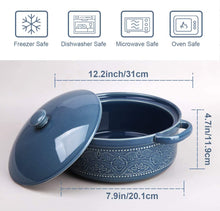 Load image into Gallery viewer, Casserole Dish, 2 Quart Round Ceramic Bakeware with Cover, Lace Emboss Baking Dish for Dinner, Banquet and Party (Blue)