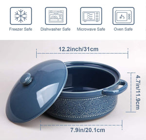 Casserole Dish, 2 Quart Round Ceramic Bakeware with Cover, Lace Emboss Baking Dish for Dinner, Banquet and Party (Blue)