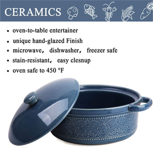 Casserole Dish, 2 Quart Round Ceramic Bakeware with Cover, Lace Emboss Baking Dish for Dinner, Banquet and Party (Blue)