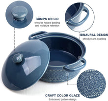Load image into Gallery viewer, Casserole Dish, 2 Quart Round Ceramic Bakeware with Cover, Lace Emboss Baking Dish for Dinner, Banquet and Party (Blue)