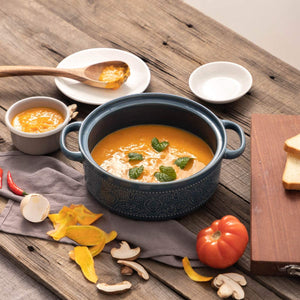 Casserole Dish, 2 Quart Round Ceramic Bakeware with Cover, Lace Emboss Baking Dish for Dinner, Banquet and Party (Blue)