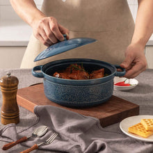 Load image into Gallery viewer, Casserole Dish, 2 Quart Round Ceramic Bakeware with Cover, Lace Emboss Baking Dish for Dinner, Banquet and Party (Blue)
