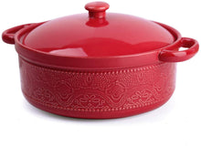 Load image into Gallery viewer, Casserole Dish, 2 Quart Round Ceramic Bakeware with Cover, Lace Emboss Baking Dish for Dinner, Banquet and Party (Red)