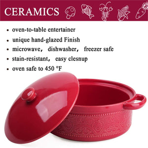 Casserole Dish, 2 Quart Round Ceramic Bakeware with Cover, Lace Emboss Baking Dish for Dinner, Banquet and Party (Red)