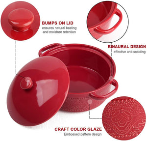 Casserole Dish, 2 Quart Round Ceramic Bakeware with Cover, Lace Emboss Baking Dish for Dinner, Banquet and Party (Red)