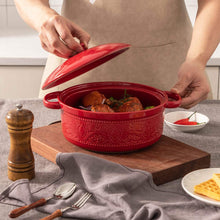 Load image into Gallery viewer, Casserole Dish, 2 Quart Round Ceramic Bakeware with Cover, Lace Emboss Baking Dish for Dinner, Banquet and Party (Red)